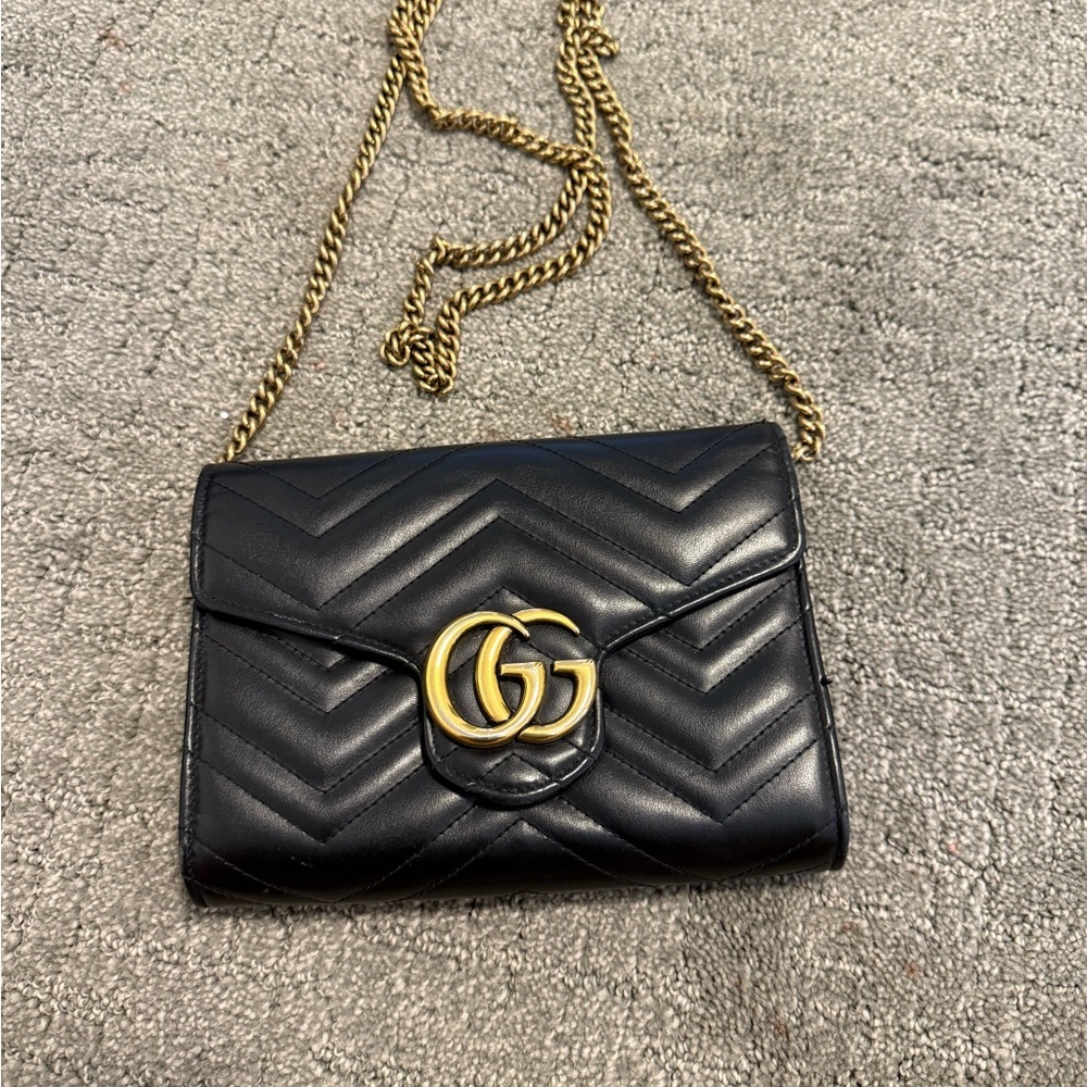 Gucci Black Chevron Leather Crossbody with Gold Chain